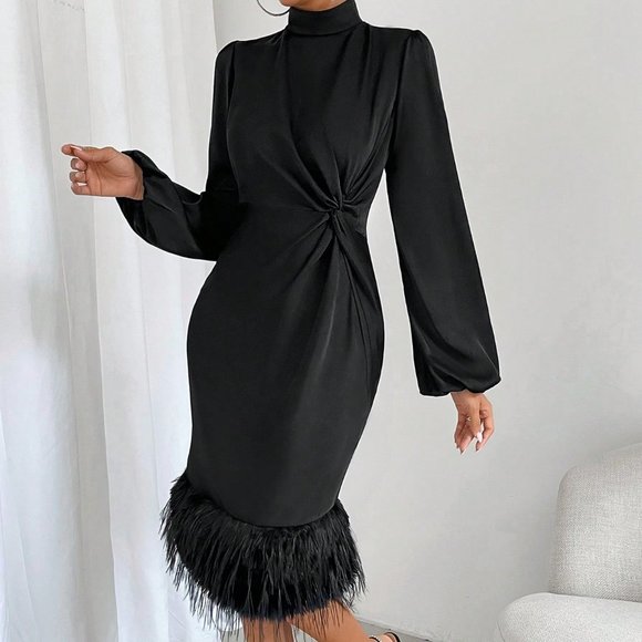 Black Preppy Womens Twist Front Fuzzy Trim Lantern Sleeve Dress - Picture 5 of 5